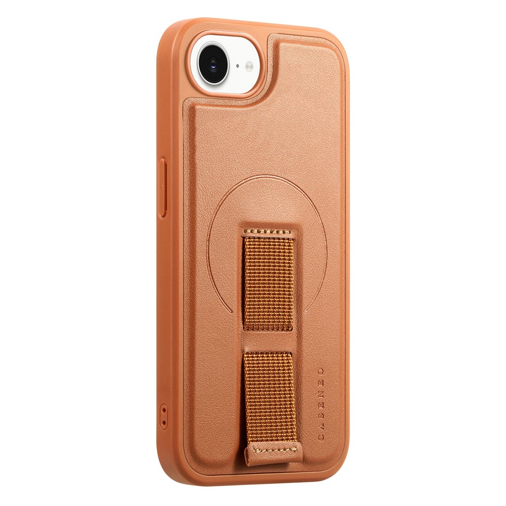 For iPhone 16e Magnetic Case CASENEO Wristband PU Leather + PC Shockproof Phone Cover - Brown