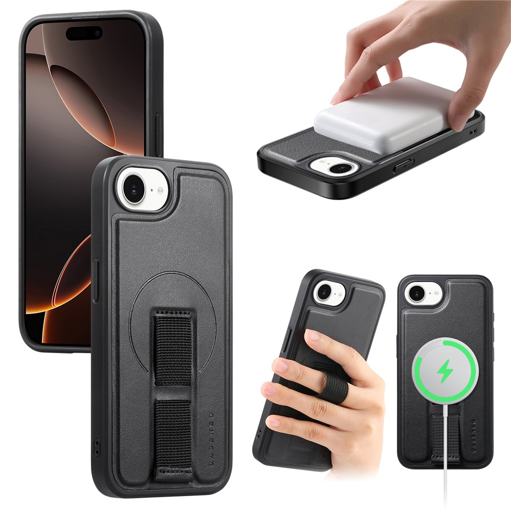 For iPhone 16e Magnetic Case CASENEO Wristband PU Leather + PC Shockproof Phone Cover - Black