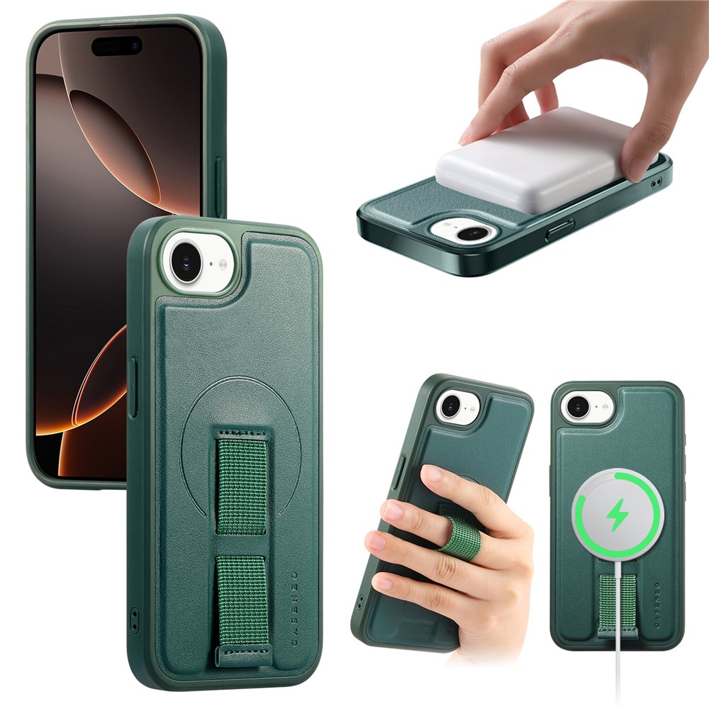 For iPhone 16e Magnetic Case CASENEO Wristband PU Leather + PC Shockproof Phone Cover - Green