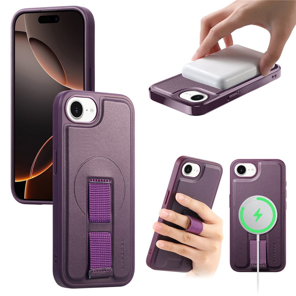 For iPhone 16e Magnetic Case CASENEO Wristband PU Leather + PC Shockproof Phone Cover - Purple