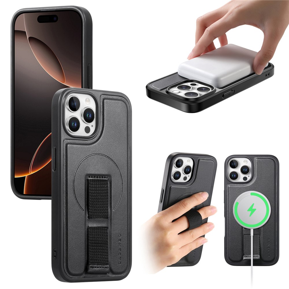 For iPhone 12 6.1 inch / iPhone 12 Pro 6.1 inch Magnetic Case CASENEO Wristband PU Leather + PC Shockproof Phone Cover - Black