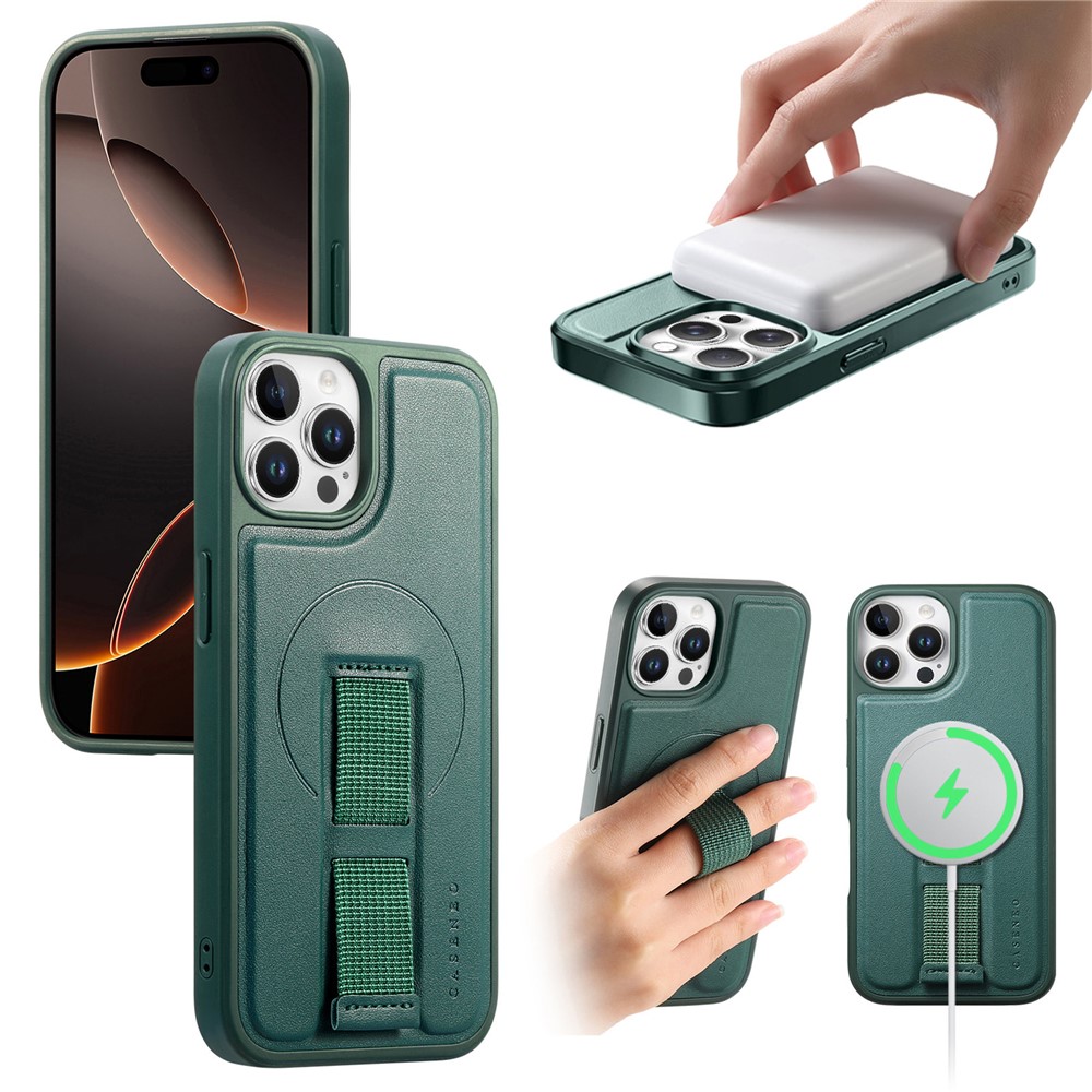 For iPhone 12 6.1 inch / iPhone 12 Pro 6.1 inch Magnetic Case CASENEO Wristband PU Leather + PC Shockproof Phone Cover - Green