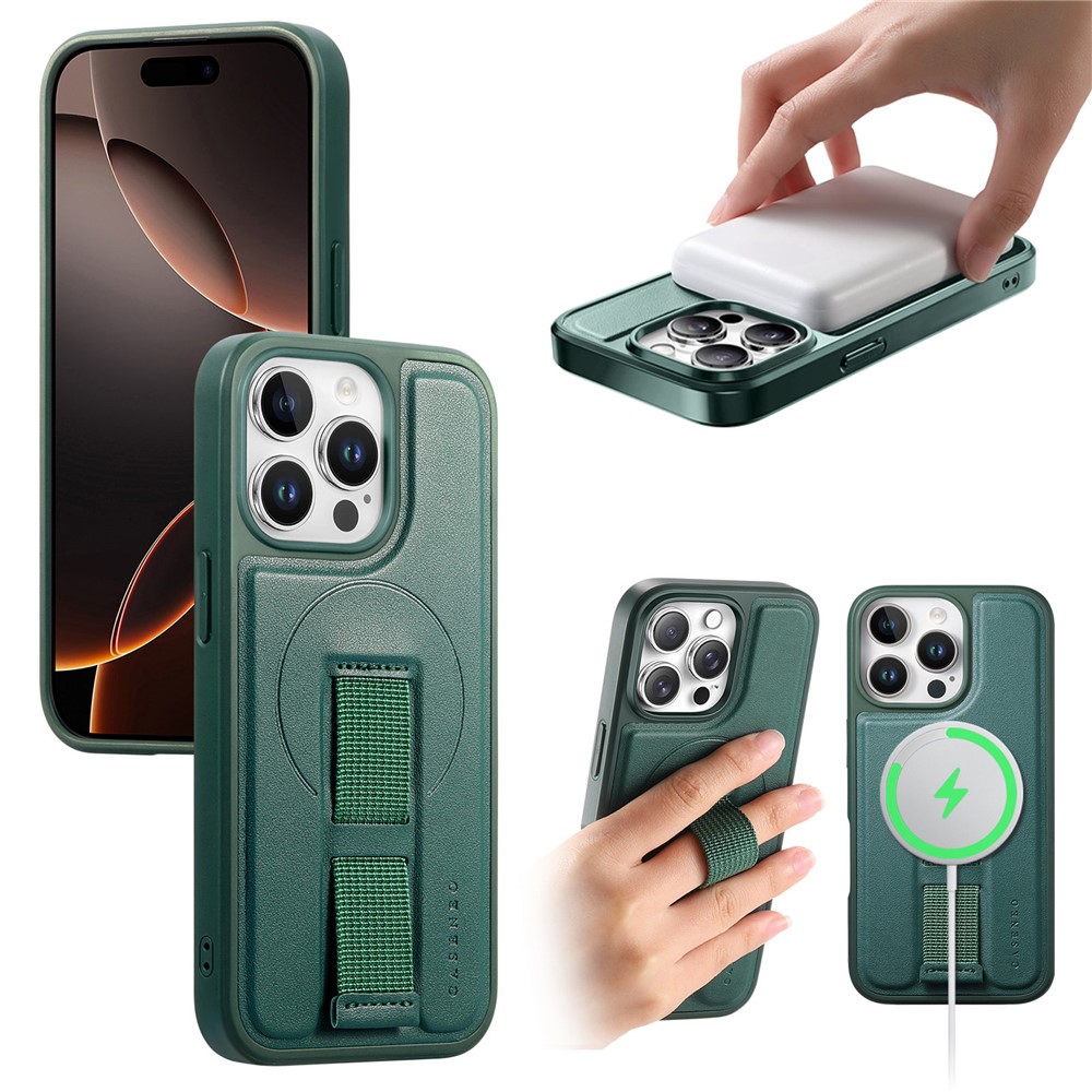 For iPhone 13 Pro Max 6.7 inch Magnetic Case CASENEO Wristband PU Leather + PC Shockproof Phone Cover - Green