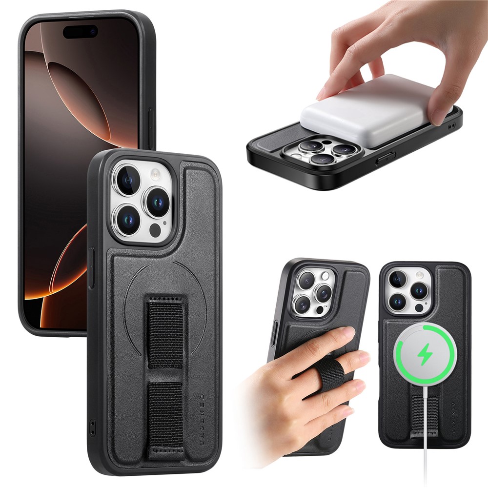 For iPhone 14 Pro Max Magnetic Case CASENEO Wristband PU Leather + PC Shockproof Phone Cover - Black