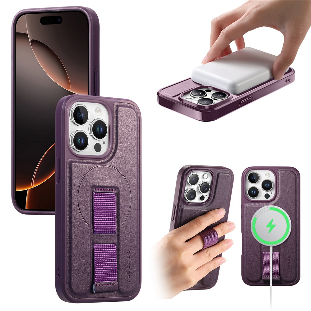 For iPhone 14 Pro Magnetic Case CASENEO Wristband PU Leather + PC Shockproof Phone Cover - Purple