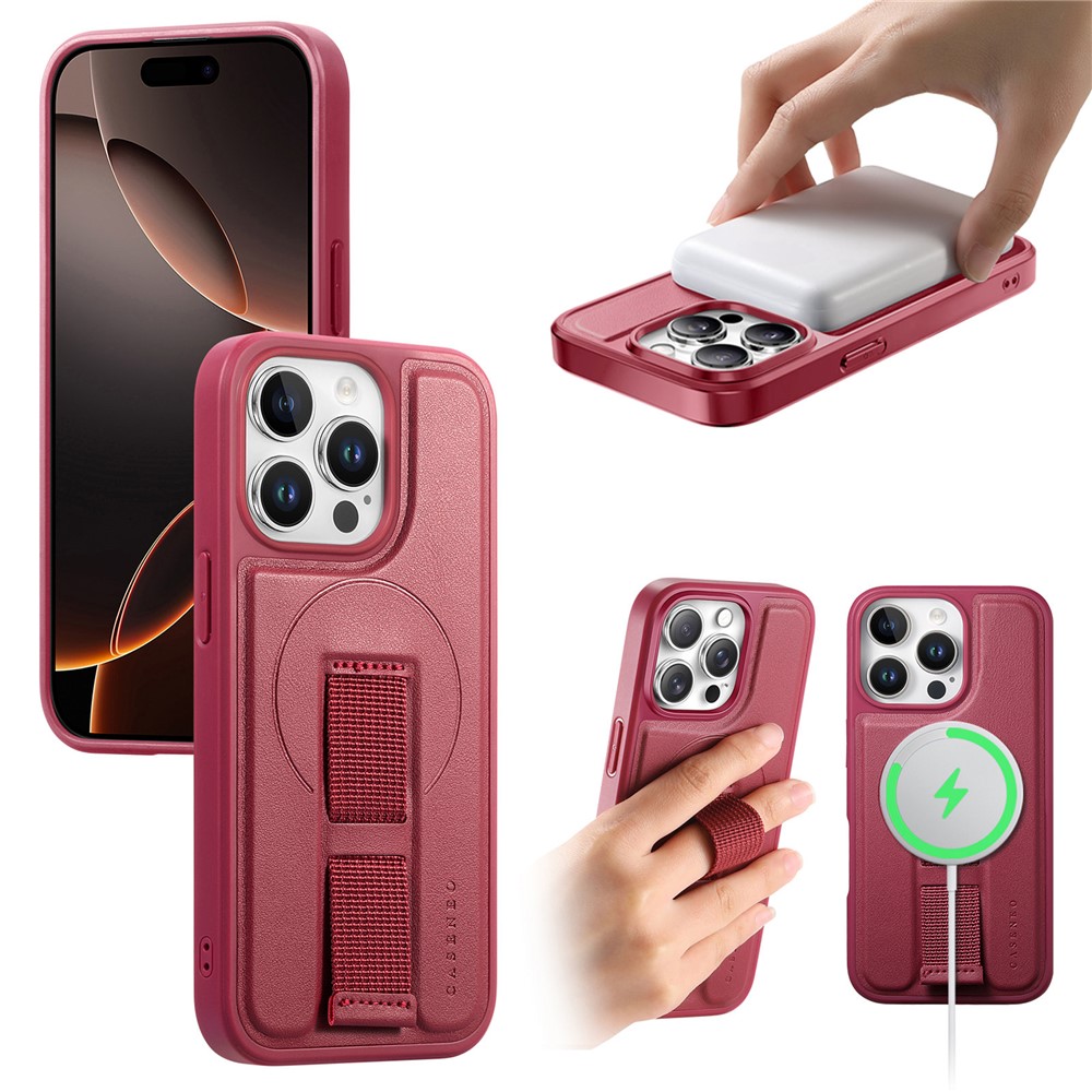 For iPhone 14 Pro Magnetic Case CASENEO Wristband PU Leather + PC Shockproof Phone Cover - Red