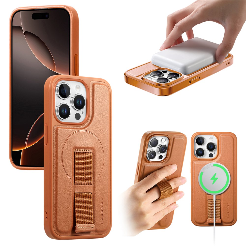 For iPhone 15 Pro Max Magnetic Case CASENEO Wristband PU Leather + PC Shockproof Phone Cover - Brown