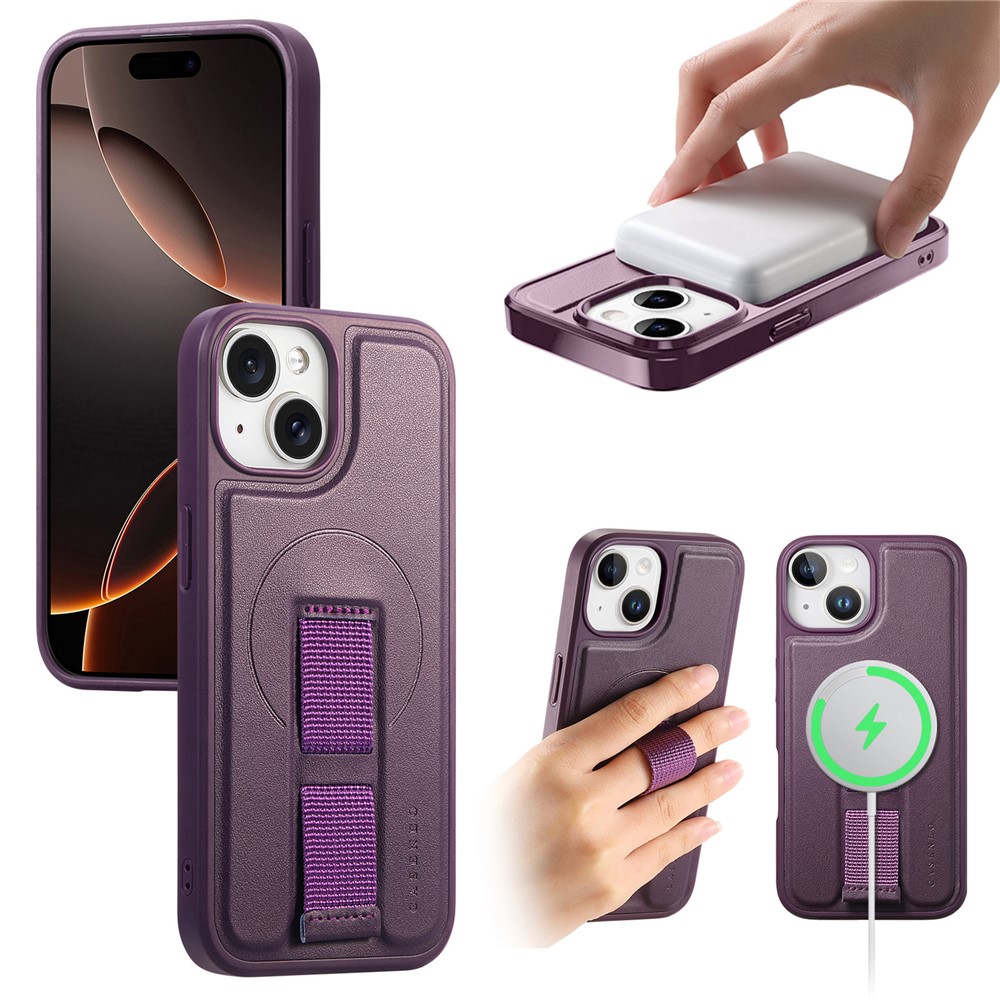 For iPhone 15 Magnetic Case CASENEO Wristband PU Leather + PC Shockproof Phone Cover - Purple