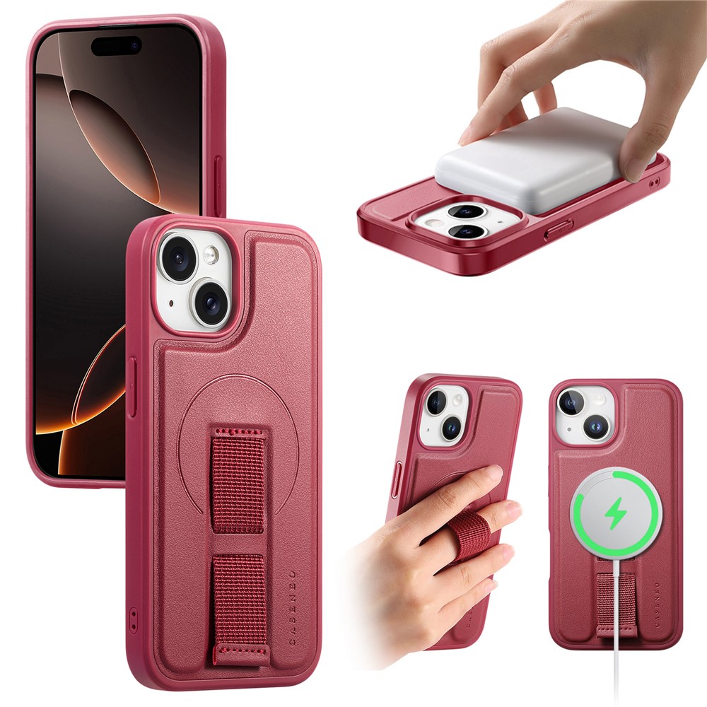 For iPhone 15 Magnetic Case CASENEO Wristband PU Leather + PC Shockproof Phone Cover - Red