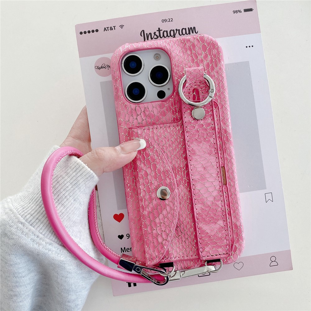 For iPhone 15 Pro Max Case Card Holder Wristband Lacquered Snake Texture PU + PC Back Cover with Lanyard - Rose