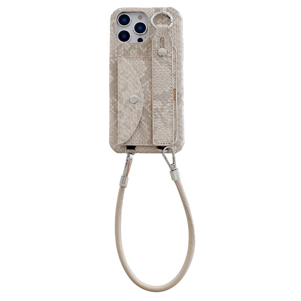 For iPhone 15 Pro Case Card Holder Wristband Lacquered Snake Texture PU + PC Back Cover with Lanyard - Khaki