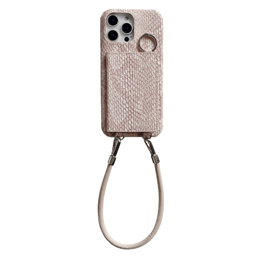 For iPhone 16 Pro Max Case Card Holder Mirror Snake Texture PU + PC Back Cover with Lanyard - Light Pink