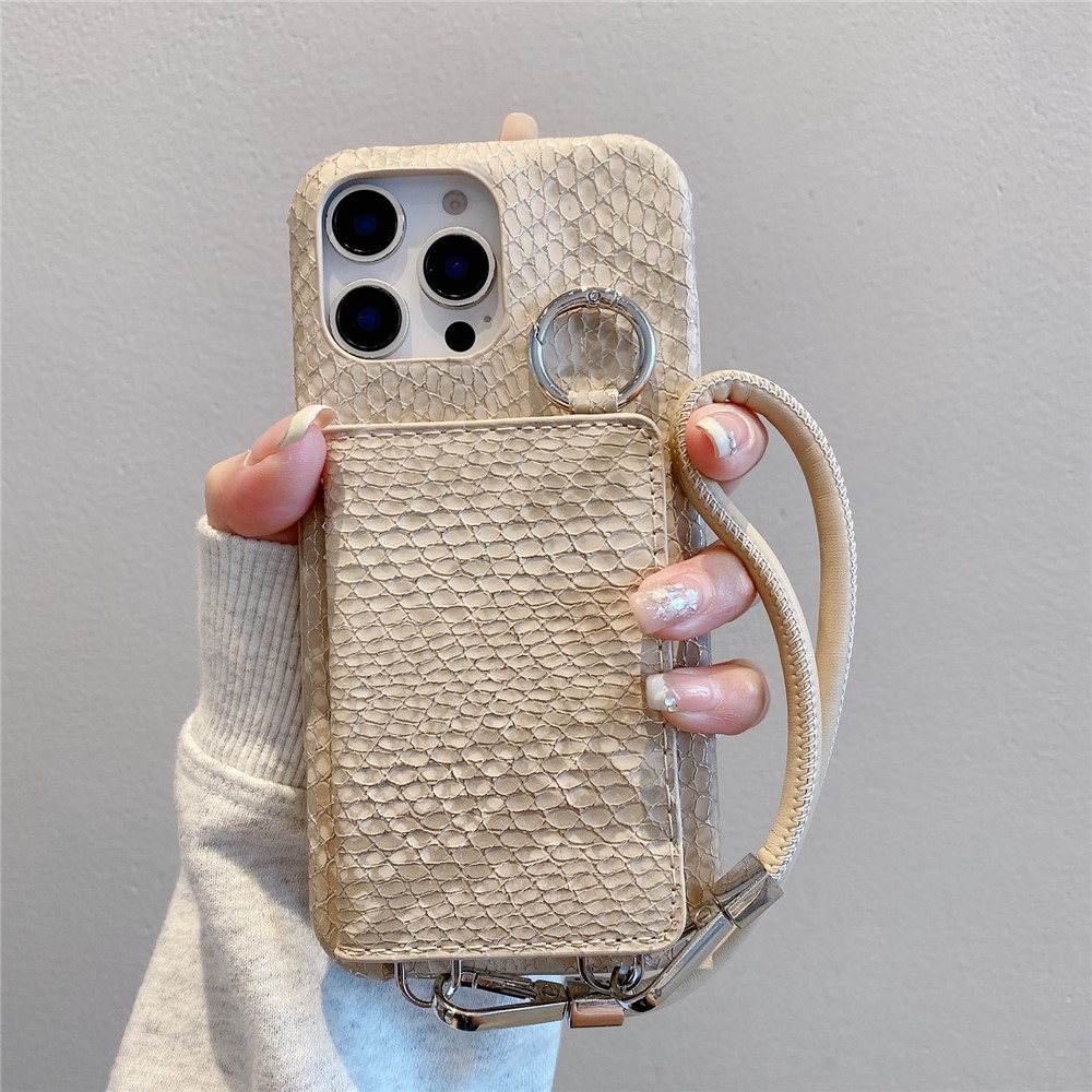 For iPhone 16 Pro Max Case Card Holder Mirror Snake Texture PU + PC Back Cover with Lanyard - Khaki