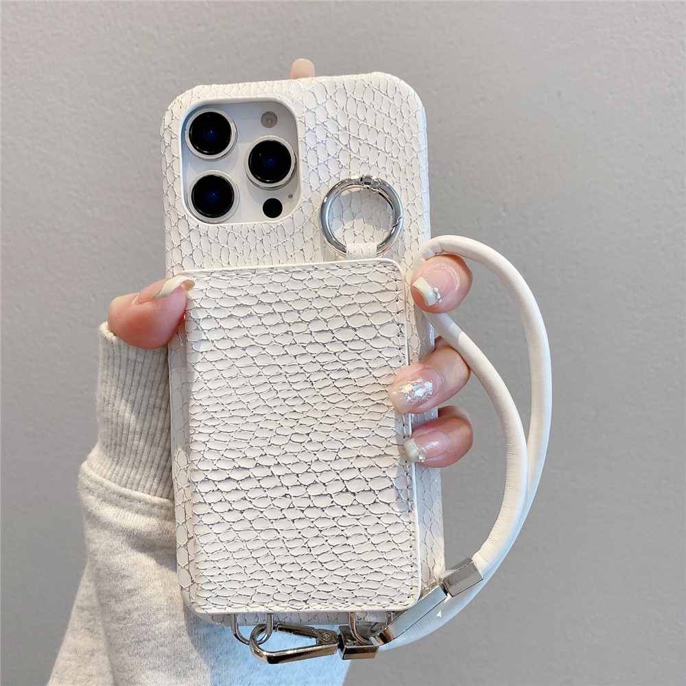 For iPhone 15 Pro Max Case Card Holder Mirror Snake Texture PU + PC Back Cover with Lanyard - White