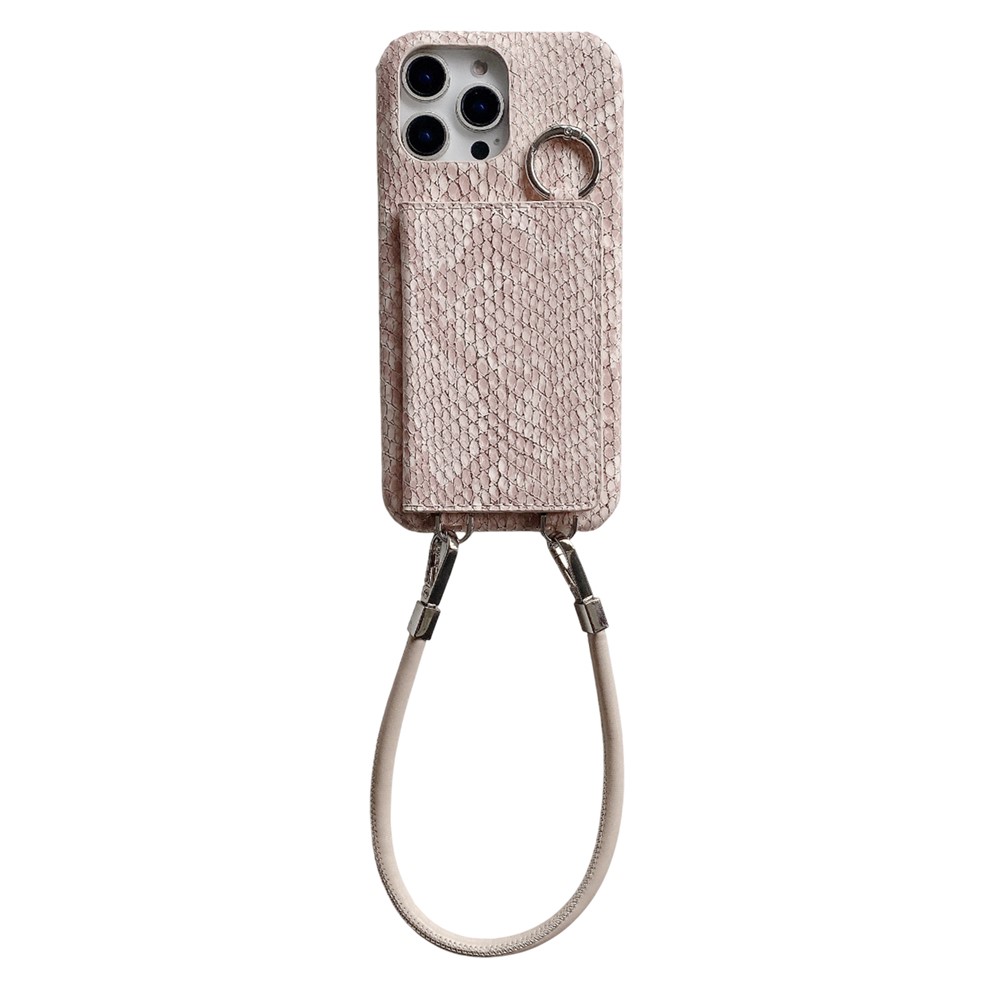 For iPhone 15 Pro Case Card Holder Mirror Snake Texture PU + PC Back Cover with Lanyard - Light Pink