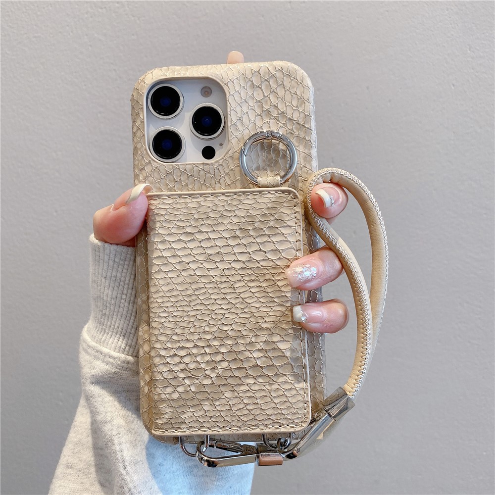 For iPhone 15 Pro Case Card Holder Mirror Snake Texture PU + PC Back Cover with Lanyard - Khaki