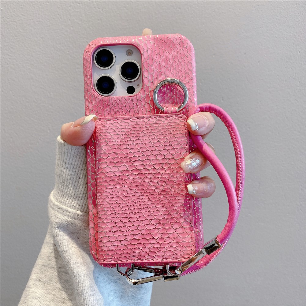 For iPhone 15 Pro Case Card Holder Mirror Snake Texture PU + PC Back Cover with Lanyard - Rose