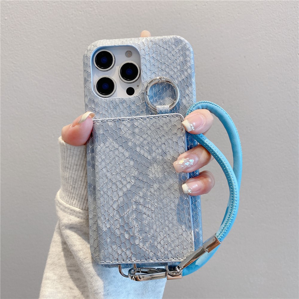 For iPhone 15 Pro Case Card Holder Mirror Snake Texture PU + PC Back Cover with Lanyard - Blue