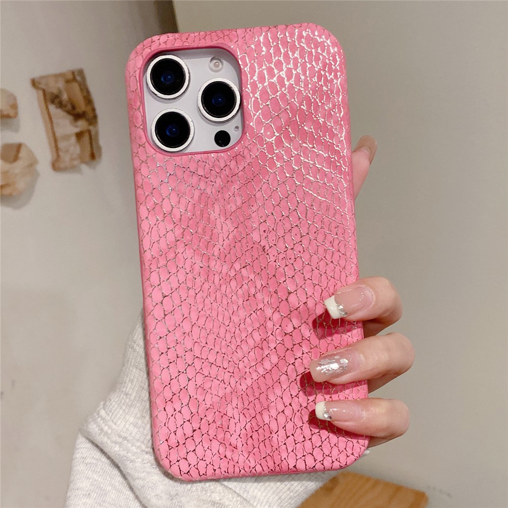 For iPhone 16 Pro Max Case Gold Thread Lacquered Snake Texture PU + PC Phone Back Cover - Rose