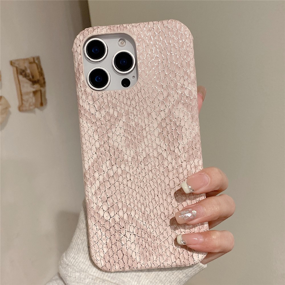 For iPhone 16 Pro Max Case Gold Thread Lacquered Snake Texture PU + PC Phone Back Cover - Light Pink