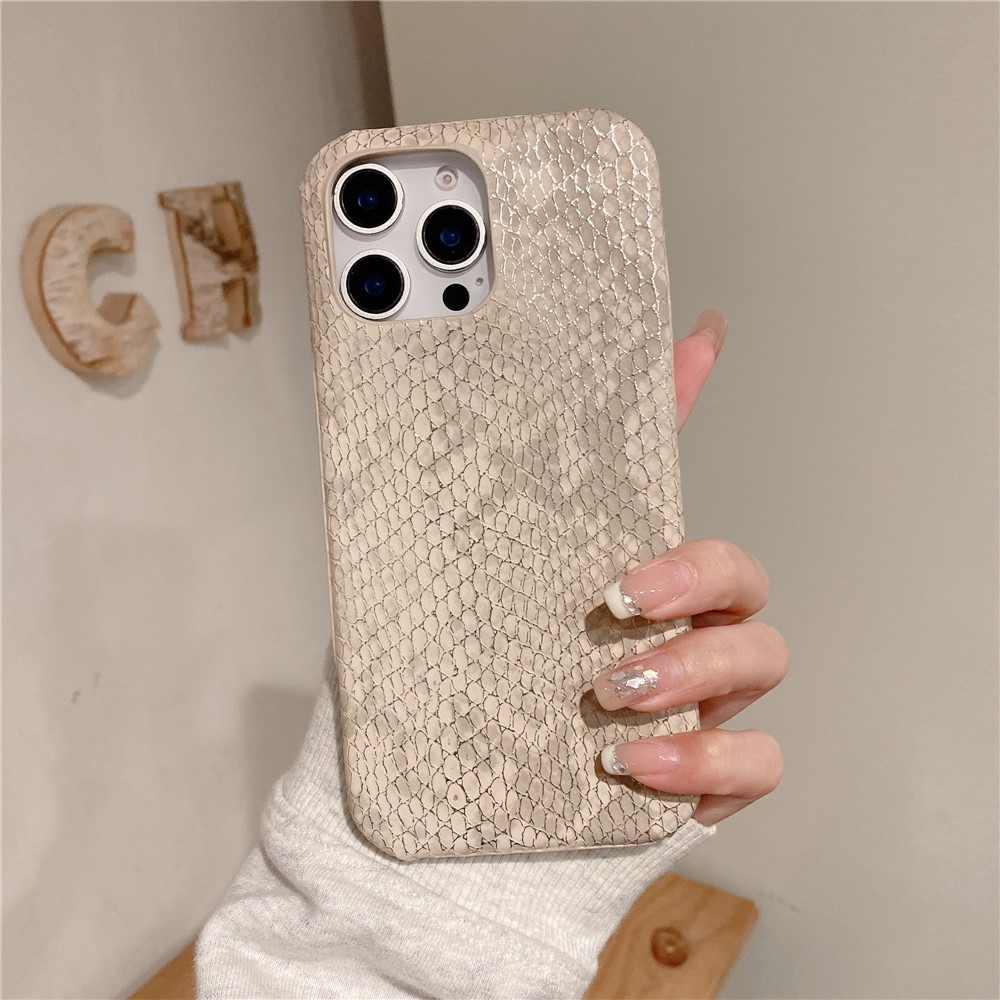 For iPhone 15 Pro Case Gold Thread Lacquered Snake Texture PU + PC Phone Back Cover - Khaki