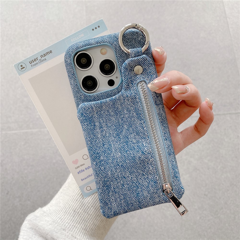 For iPhone 15 Pro Case with Kickstand Zipper Wallet Jeans Texture PU PC Phone Back Cover - Blue