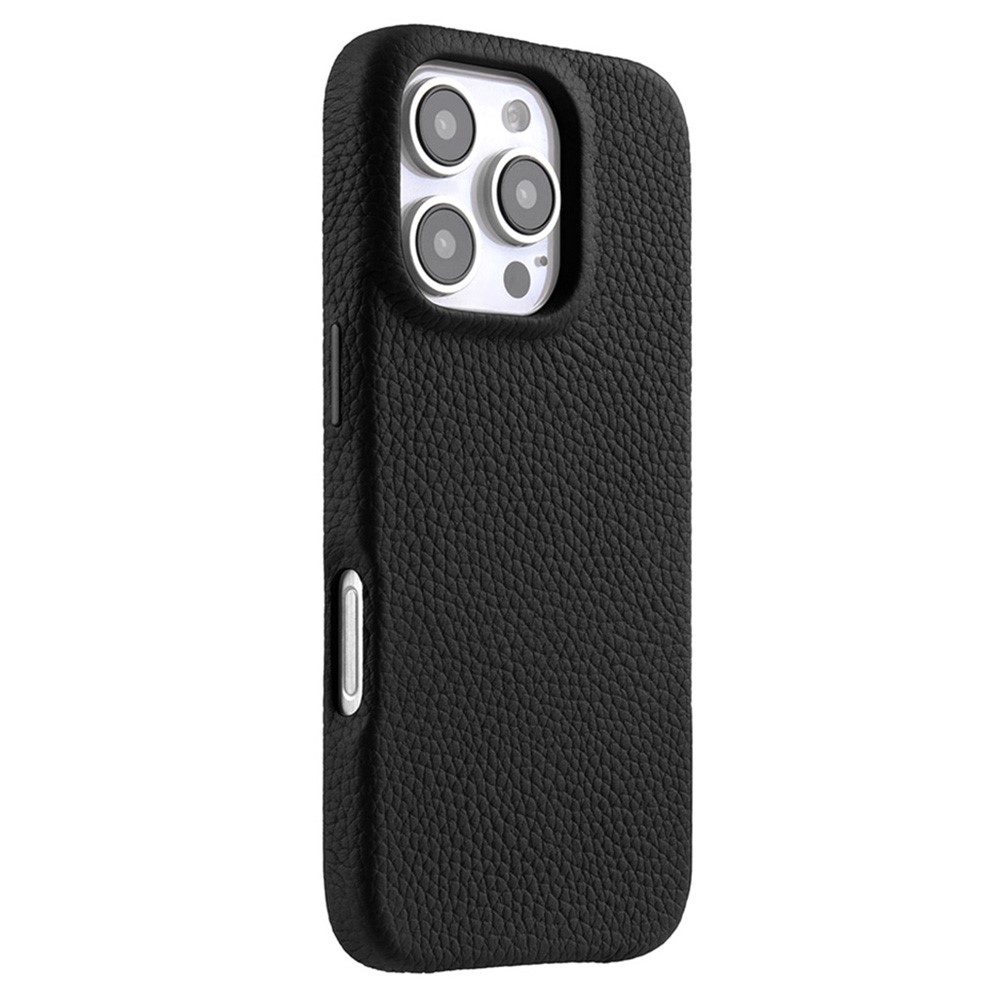 MELKCO For iPhone 16 Pro Max Magnetic Case Genuine Cow Leather PC Phone Back Cover - Black