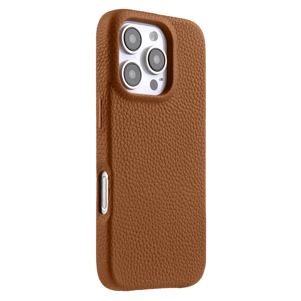 MELKCO For iPhone 16 Pro Max Magnetic Case Genuine Cow Leather PC Phone Back Cover - Brown