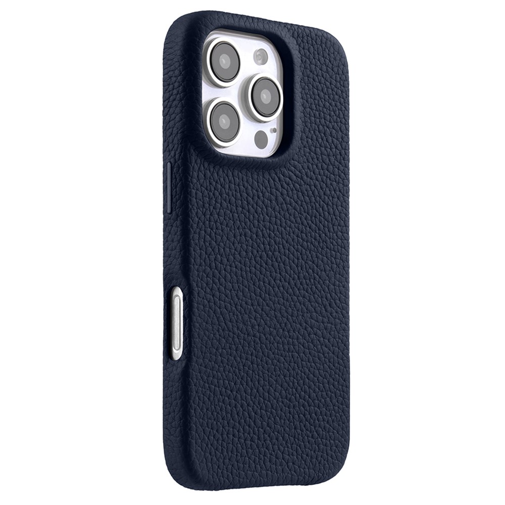 MELKCO For iPhone 16 Pro Max Magnetic Case Genuine Cow Leather PC Phone Back Cover - Dark Blue