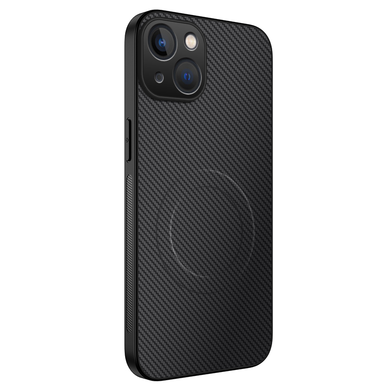 For iPhone 15 Case Compatible with MagSafe WANLONFENG TQ Series Carbon Fiber Texture PC TPU Phone Cover - Black