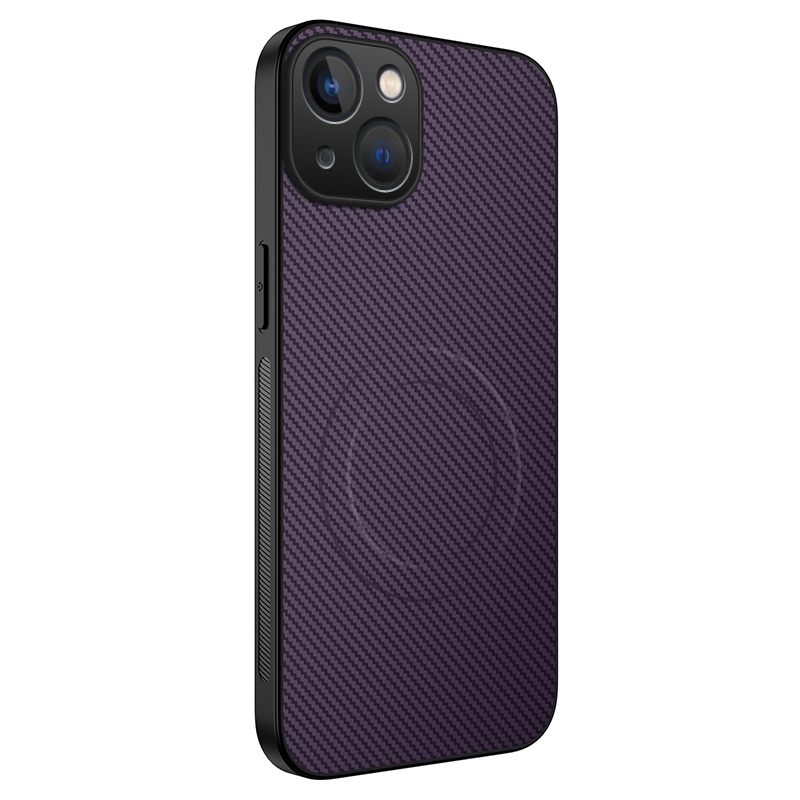 For iPhone 15 Case Compatible with MagSafe WANLONFENG TQ Series Carbon Fiber Texture PC TPU Phone Cover - Purple