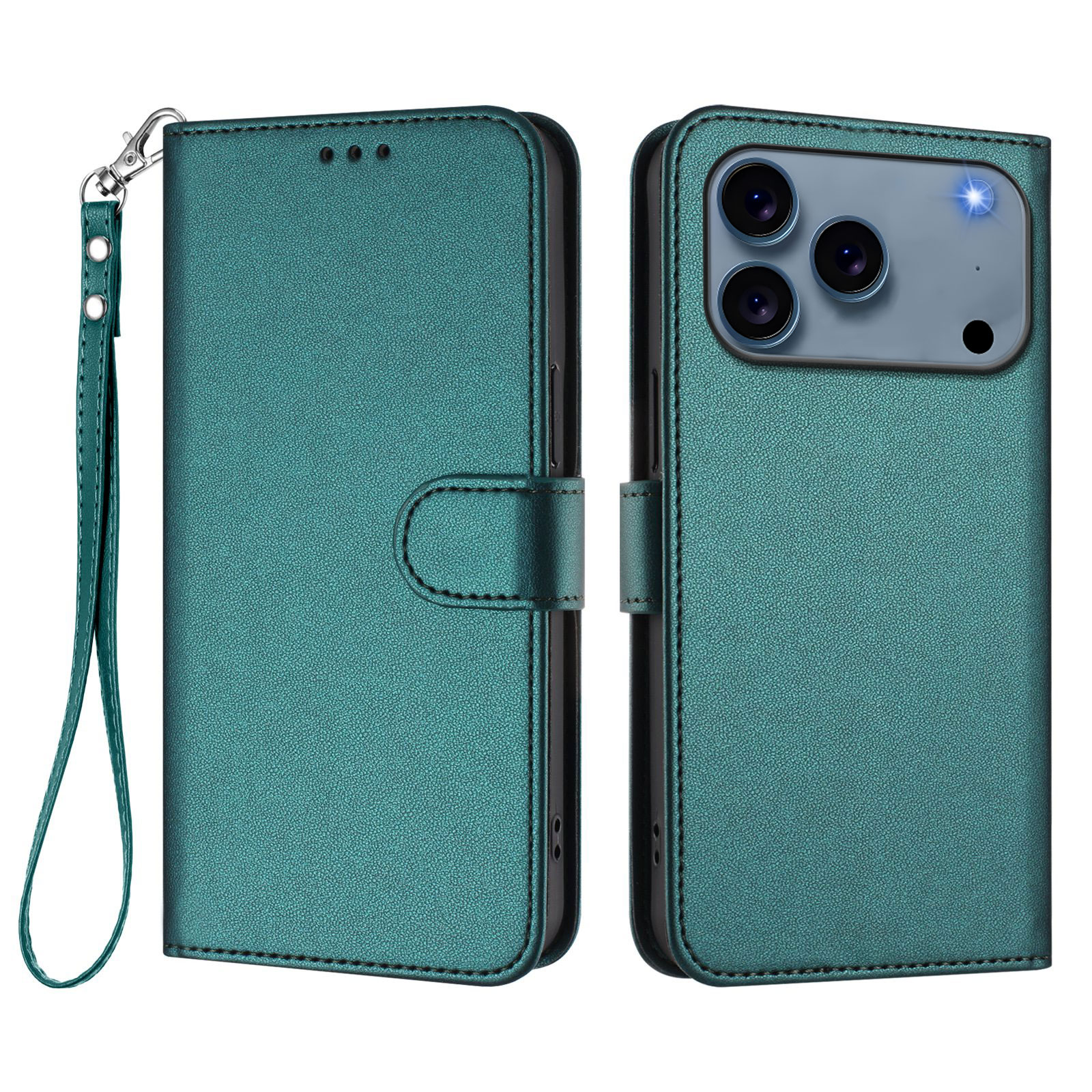 For iPhone 17 Pro Max Leather Case Wallet Stand Phone Cover with Wrist Strap - Green