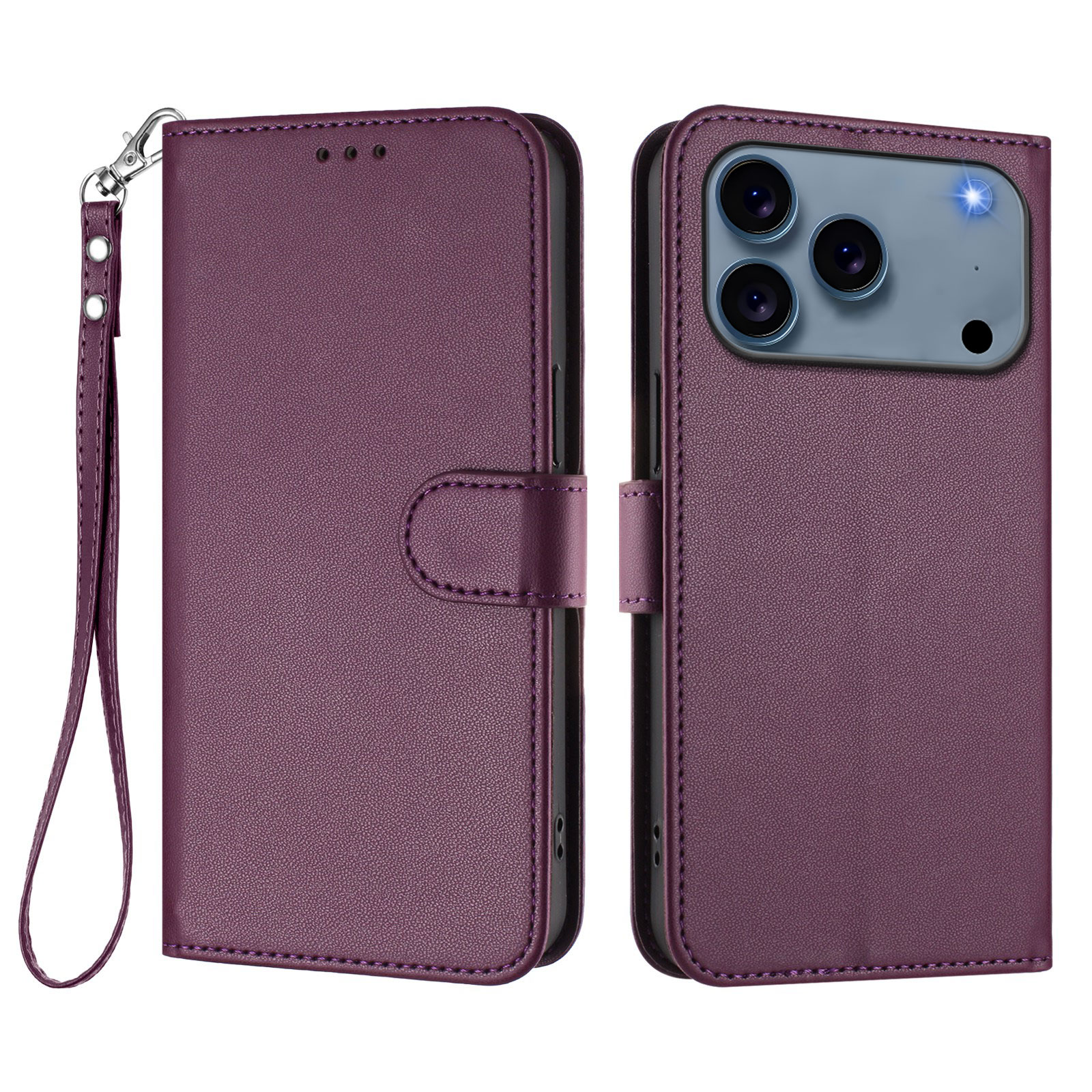 For iPhone 17 Pro Max Leather Case Wallet Stand Phone Cover with Wrist Strap - Purple