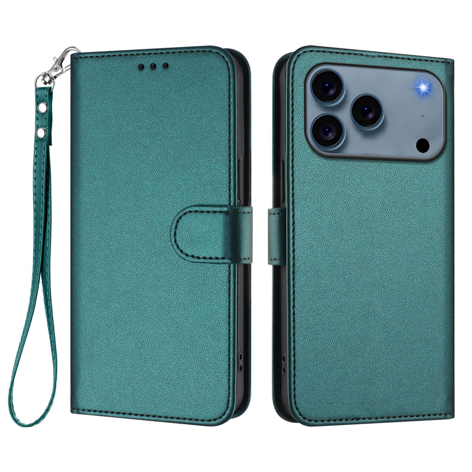For iPhone 17 Pro Leather Case Wallet Stand Phone Cover with Wrist Strap - Green