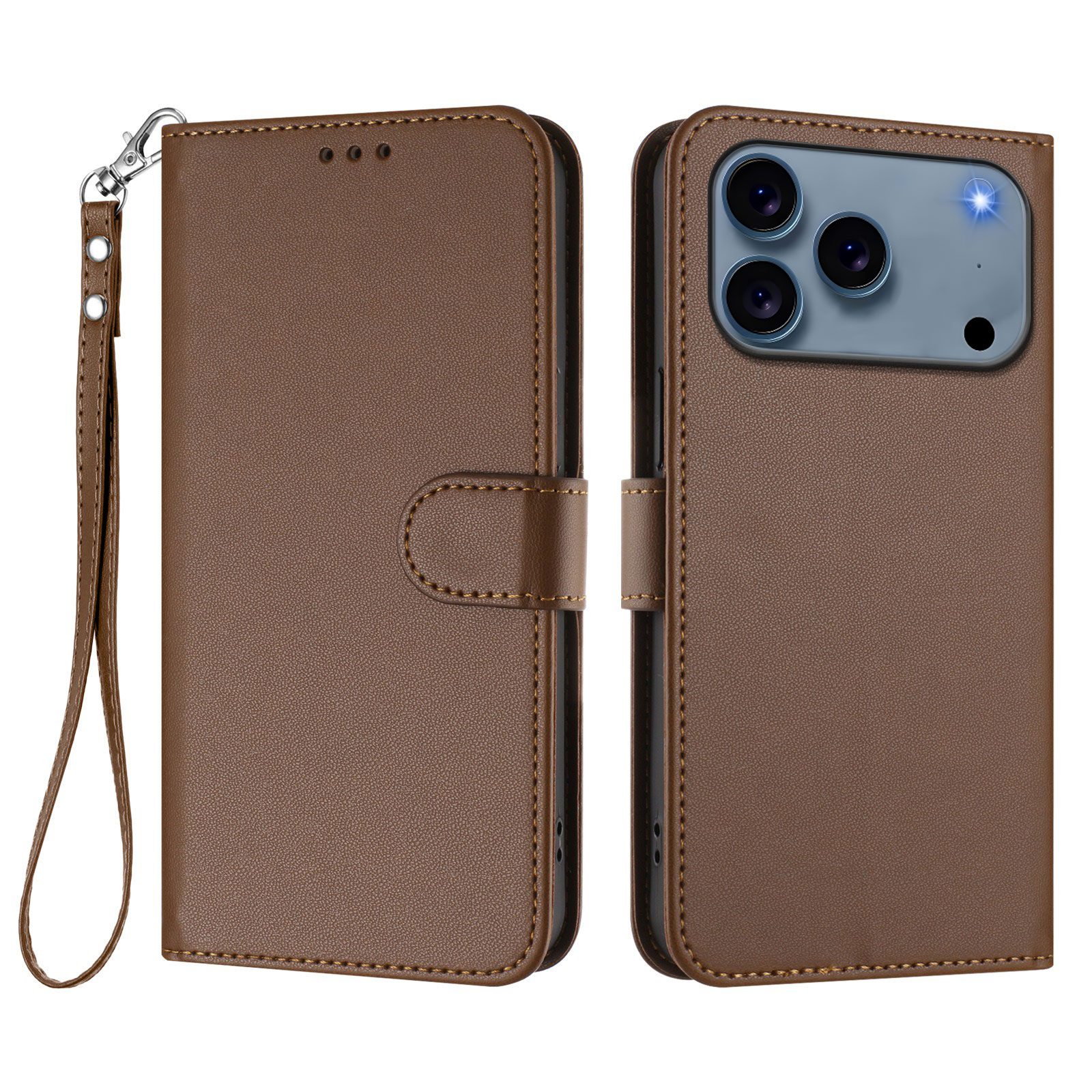 For iPhone 17 Pro Leather Case Wallet Stand Phone Cover with Wrist Strap - Brown