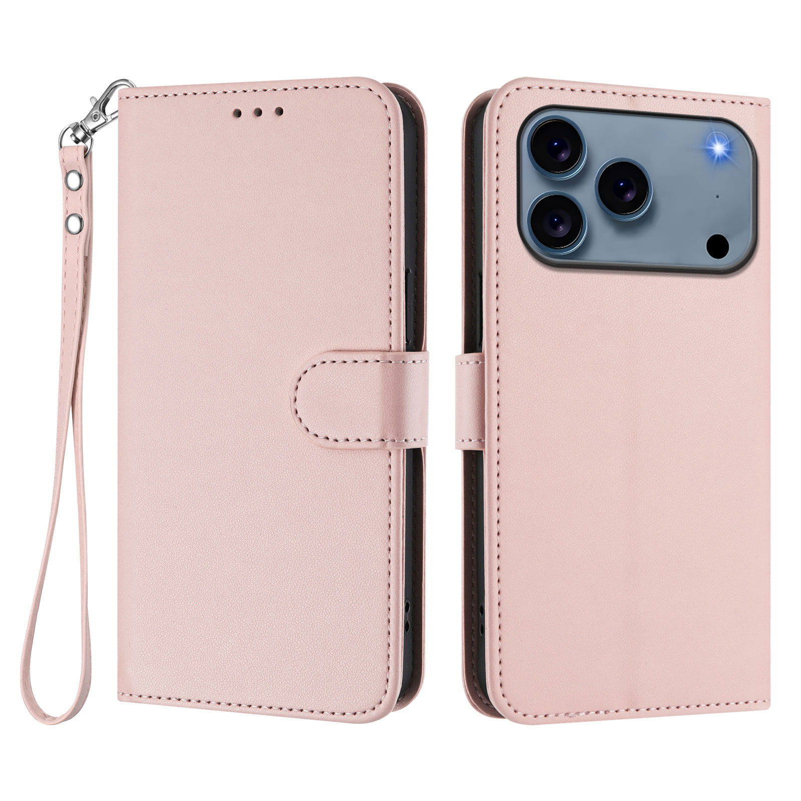 For iPhone 17 Pro Leather Case Wallet Stand Phone Cover with Wrist Strap - Pink