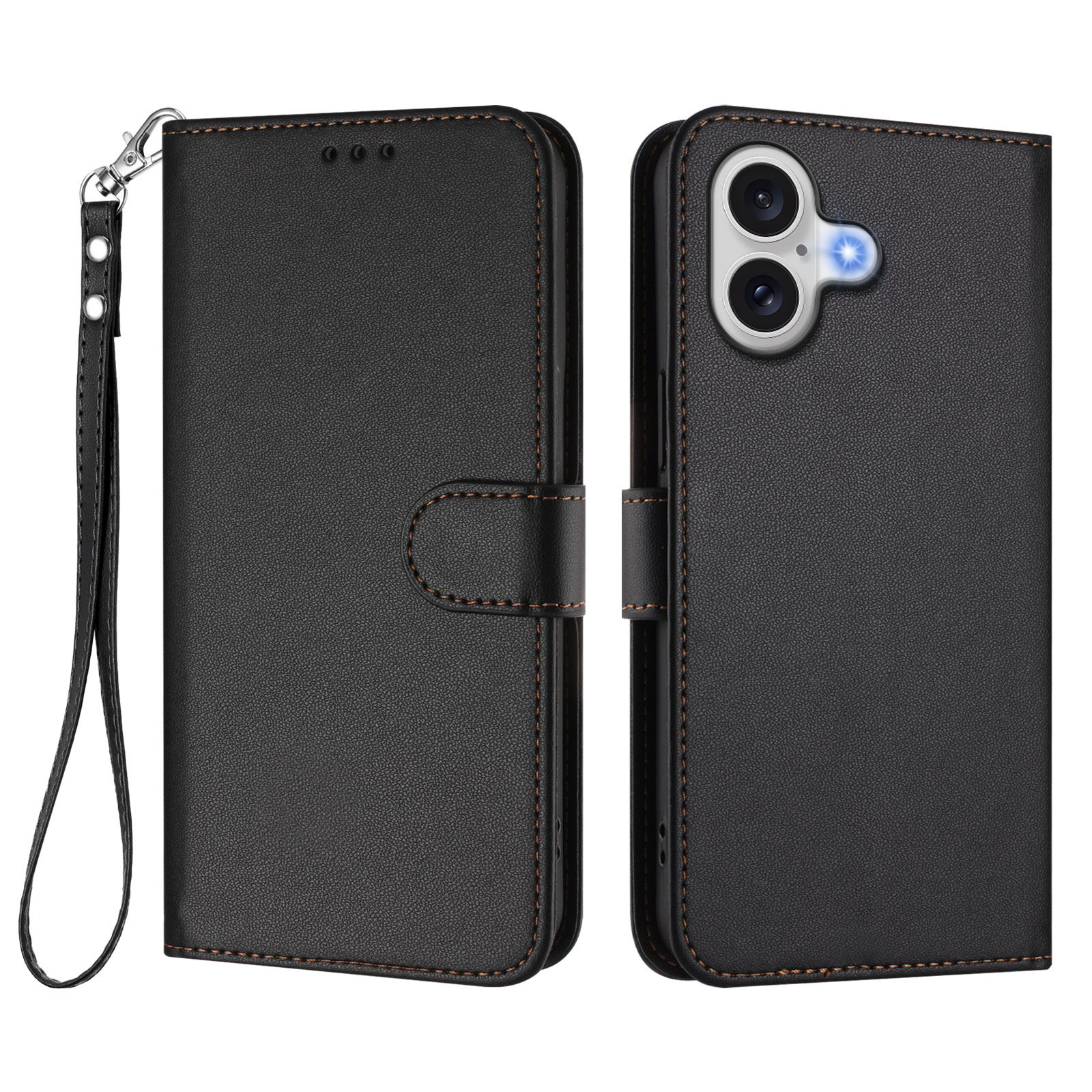 For iPhone 17 Leather Case Wallet Stand Phone Cover with Wrist Strap - Black