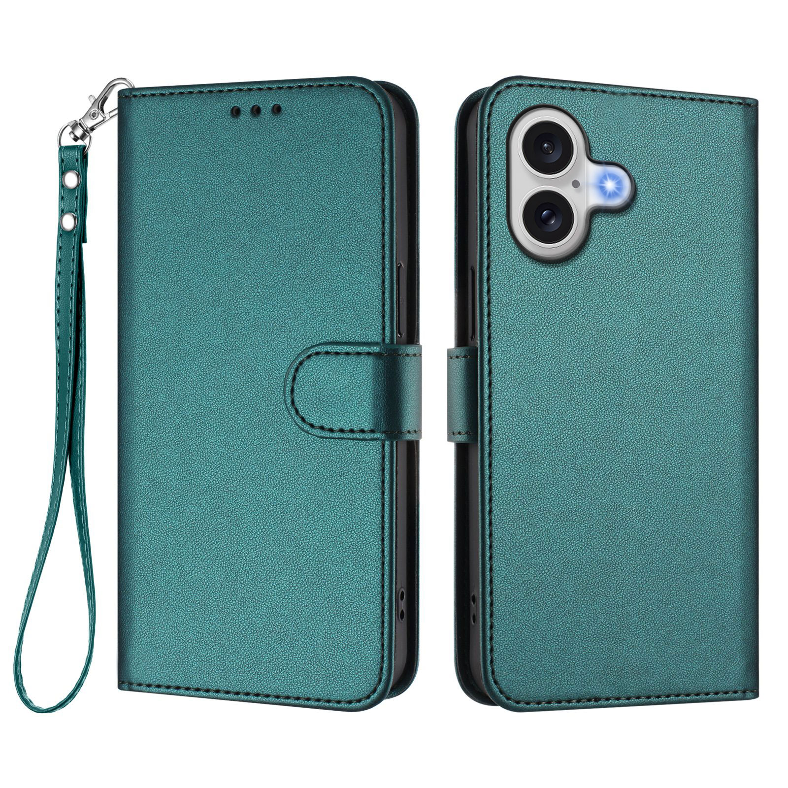 For iPhone 17 Leather Case Wallet Stand Phone Cover with Wrist Strap - Green