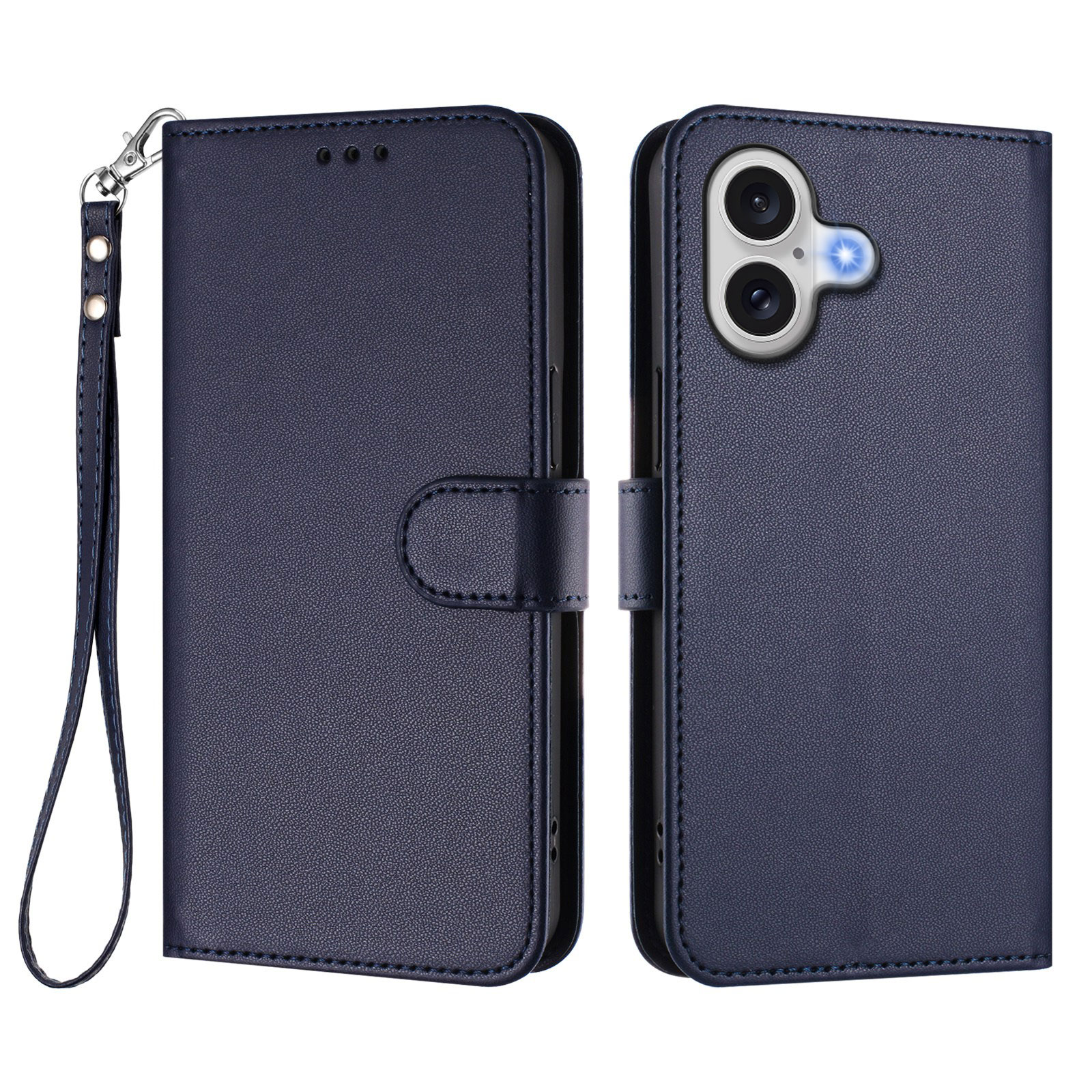 For iPhone 17 Leather Case Wallet Stand Phone Cover with Wrist Strap - Blue