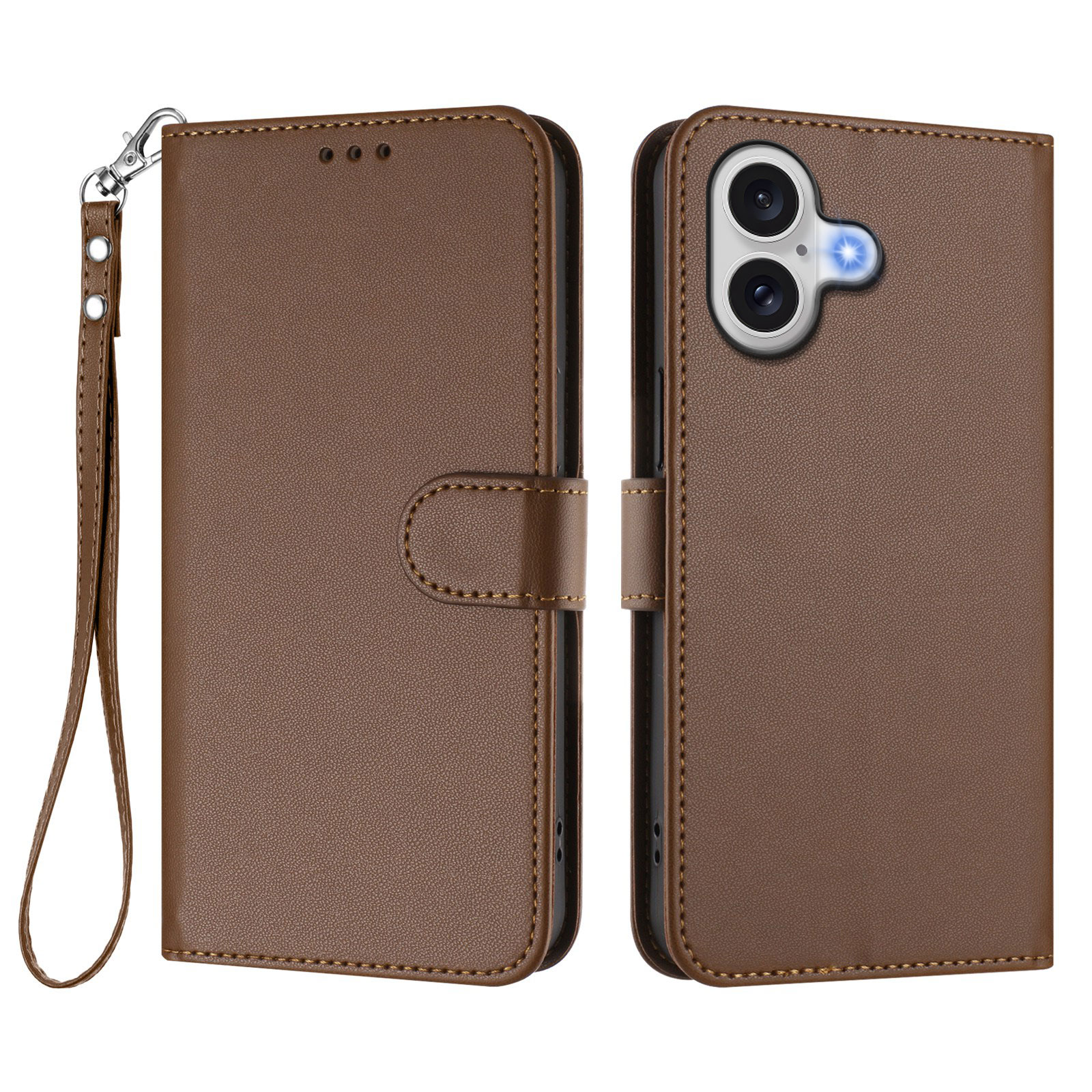 For iPhone 17 Leather Case Wallet Stand Phone Cover with Wrist Strap - Brown