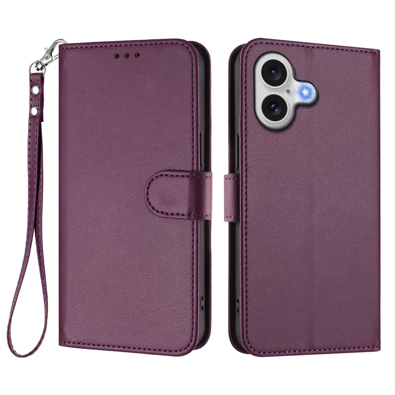 For iPhone 17 Leather Case Wallet Stand Phone Cover with Wrist Strap - Purple