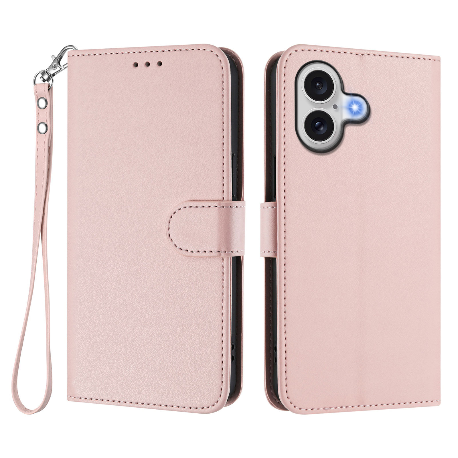 For iPhone 17 Leather Case Wallet Stand Phone Cover with Wrist Strap - Pink