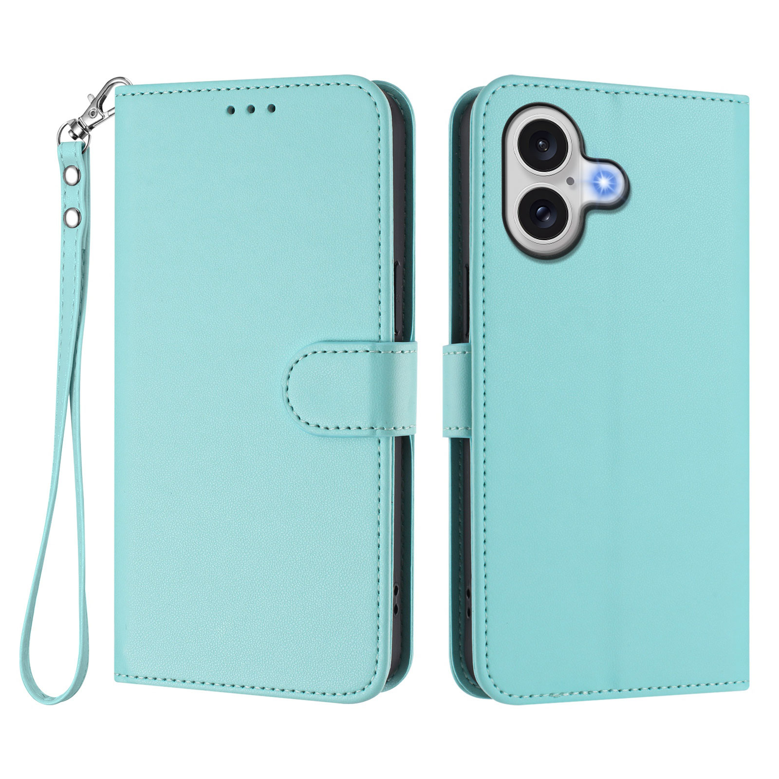 For iPhone 17 Leather Case Wallet Stand Phone Cover with Wrist Strap - Mint Green