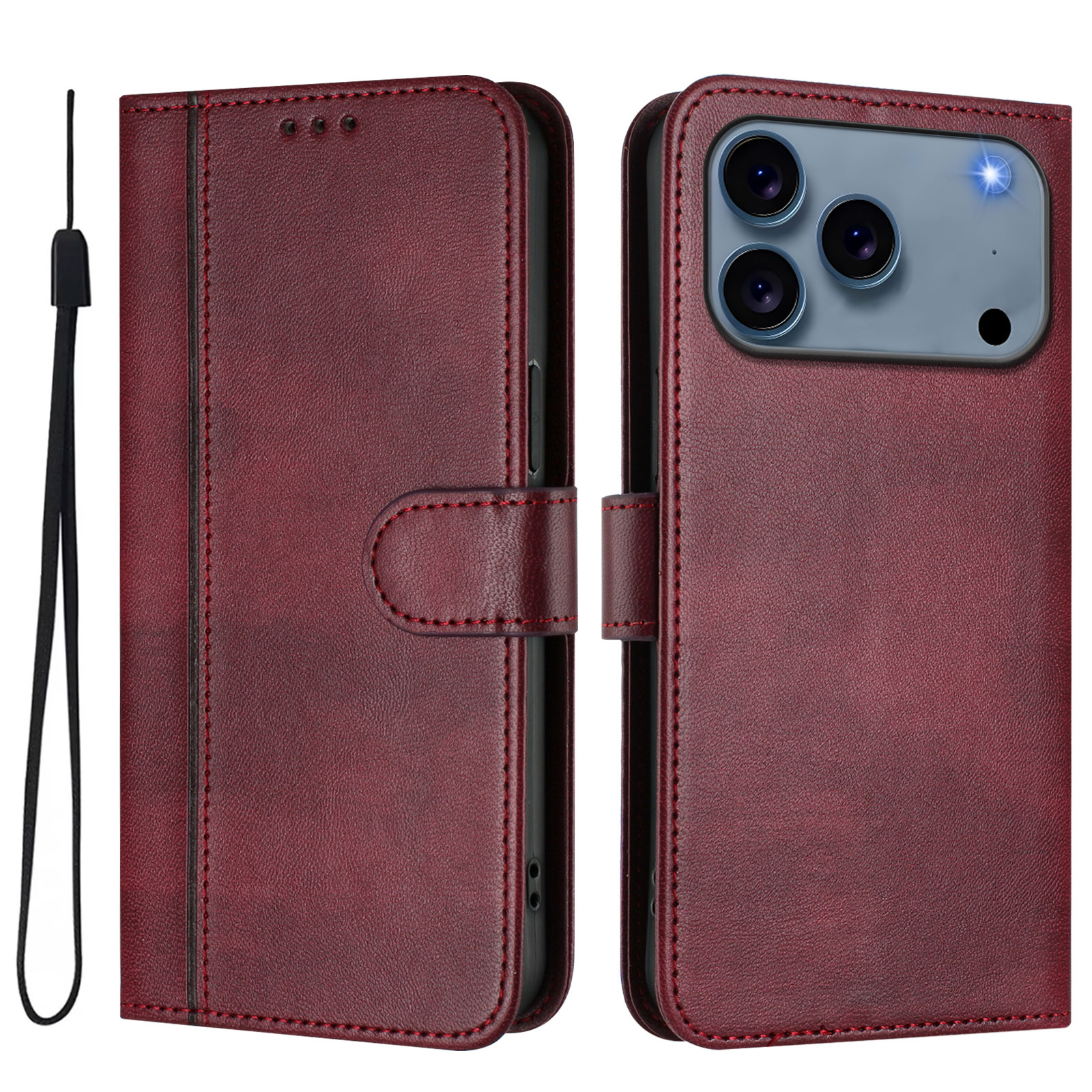 For iPhone 17 Pro Max Cases Wallet Stand Retro Texture Leather Phone Cover with Lanyard - Wine Red