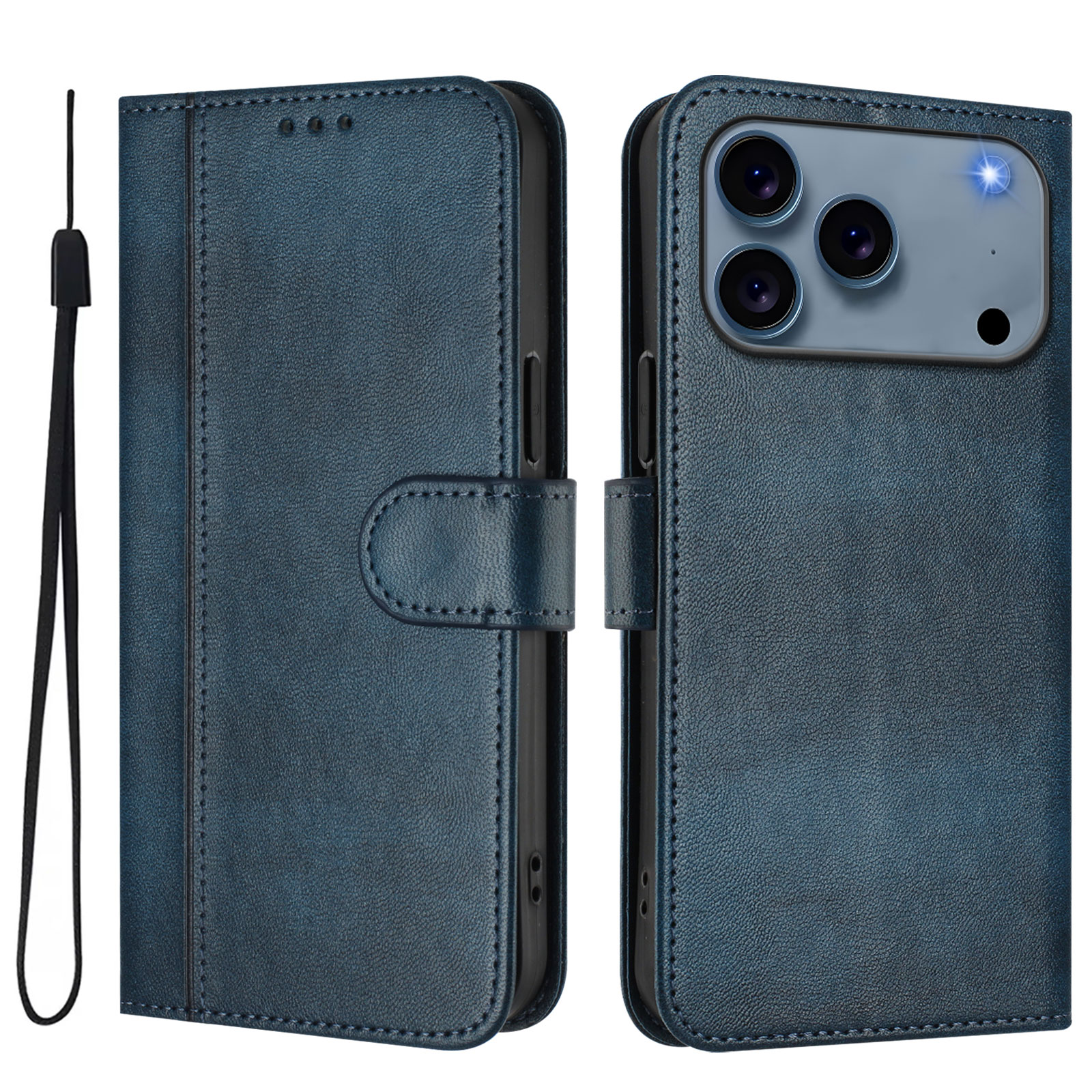 For iPhone 17 Pro Max Cases Wallet Stand Retro Texture Leather Phone Cover with Lanyard - Blue