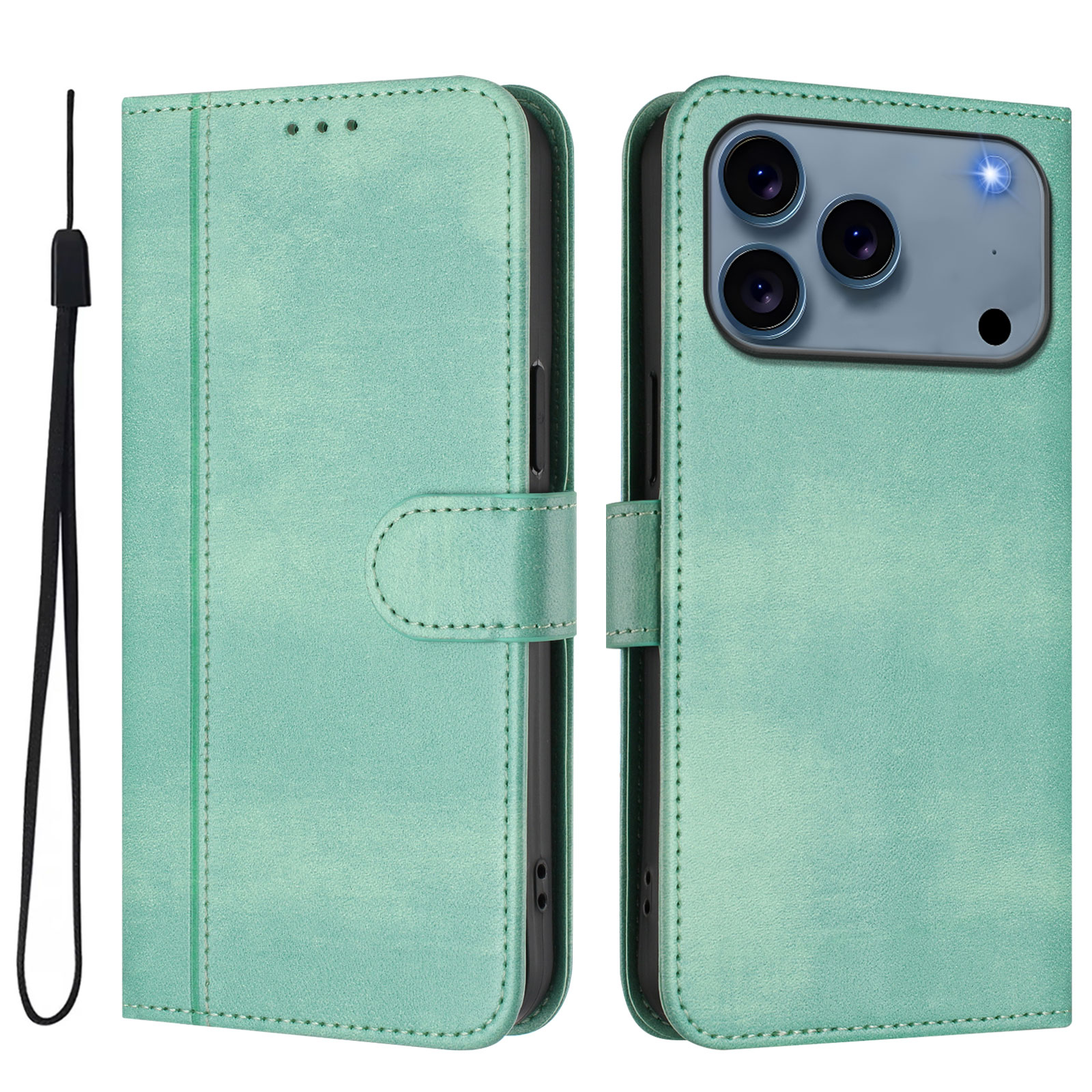 For iPhone 17 Pro Cases Wallet Stand Retro Texture Leather Phone Cover with Lanyard - Mint Green
