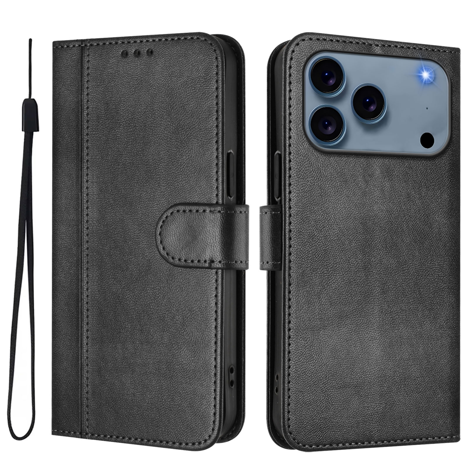 For iPhone 17 Pro Cases Wallet Stand Retro Texture Leather Phone Cover with Lanyard - Black