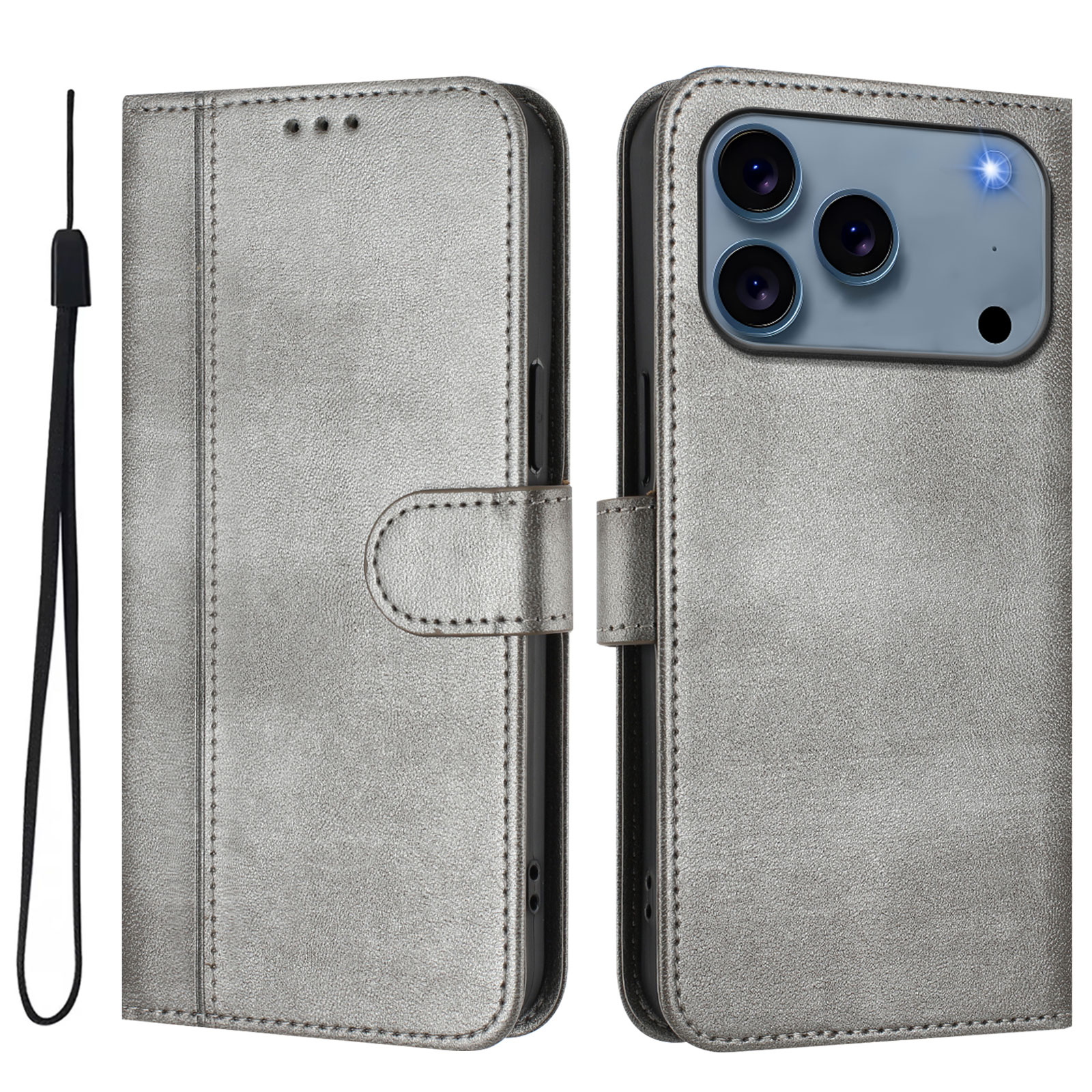 For iPhone 17 Pro Cases Wallet Stand Retro Texture Leather Phone Cover with Lanyard - Grey