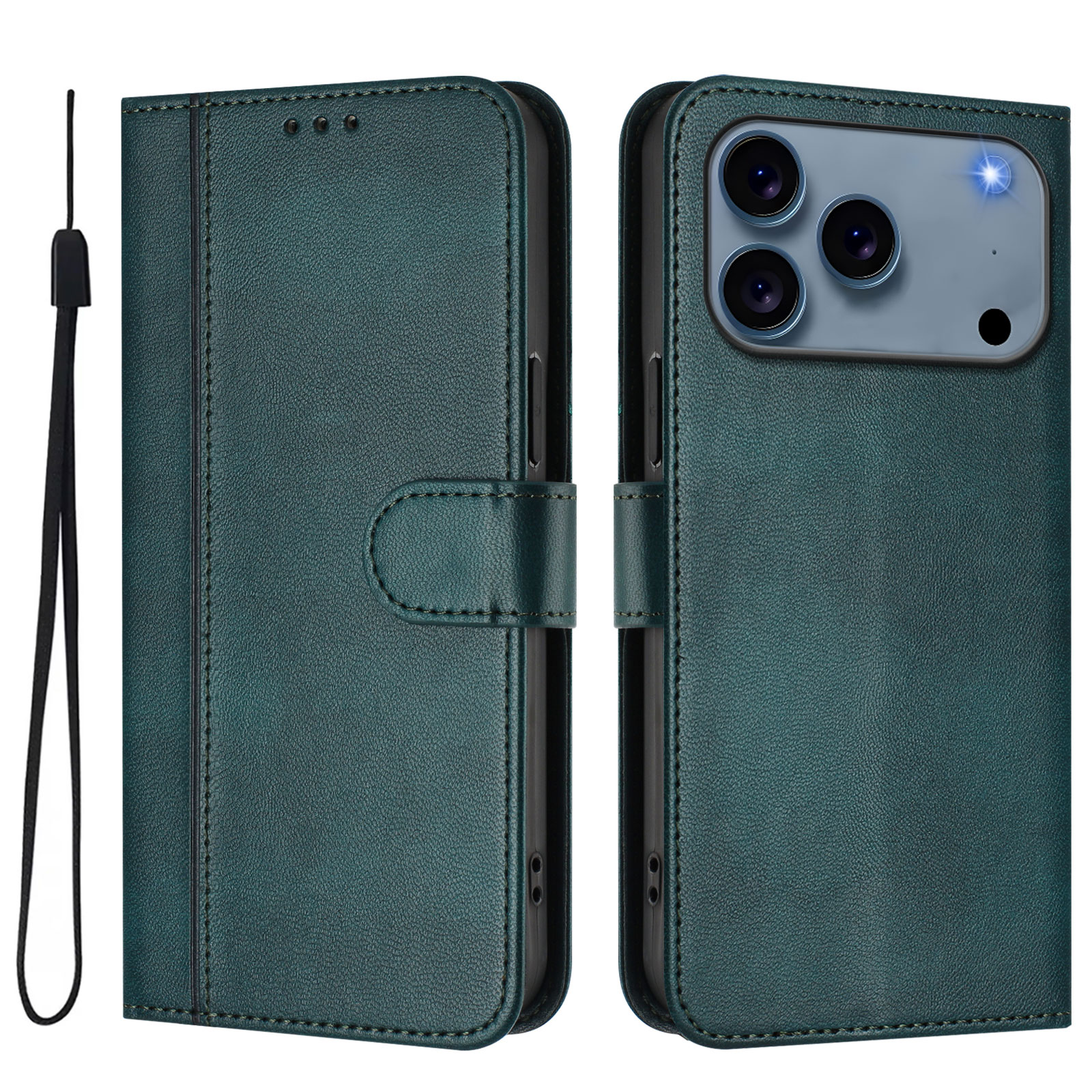 For iPhone 17 Pro Cases Wallet Stand Retro Texture Leather Phone Cover with Lanyard - Dark Green