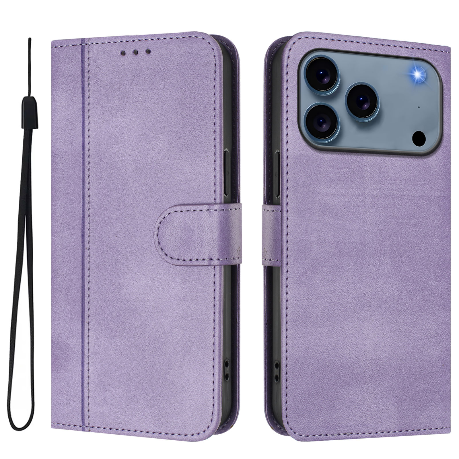For iPhone 17 Pro Cases Wallet Stand Retro Texture Leather Phone Cover with Lanyard - Light Purple